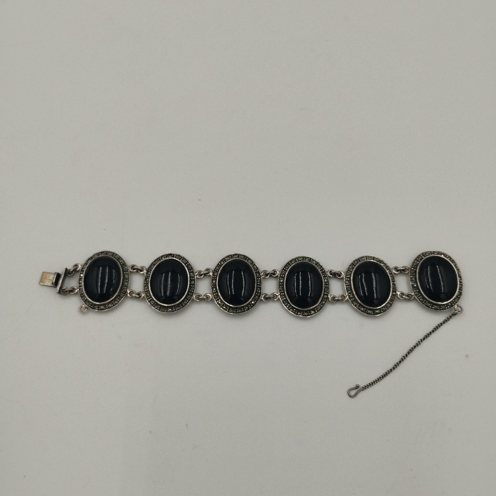 Vintage Sterling Silver Marcasite & Onyx Bracelet